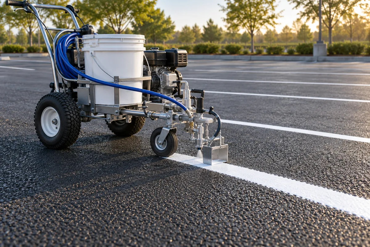 Illustrative Walk-behind striping machine beside a freshly painted white parking line